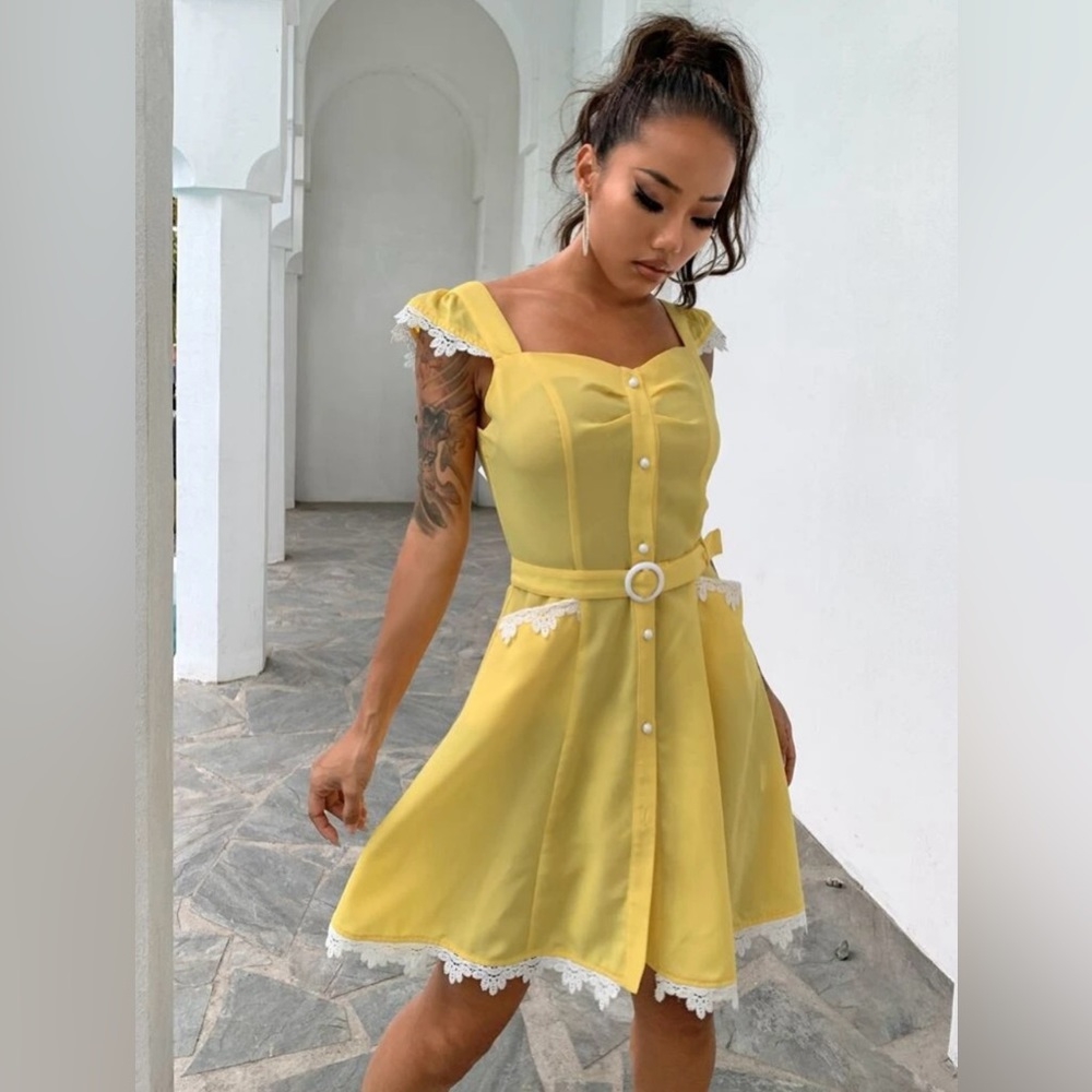👗Joyfunear Lace Trim Belted Dress